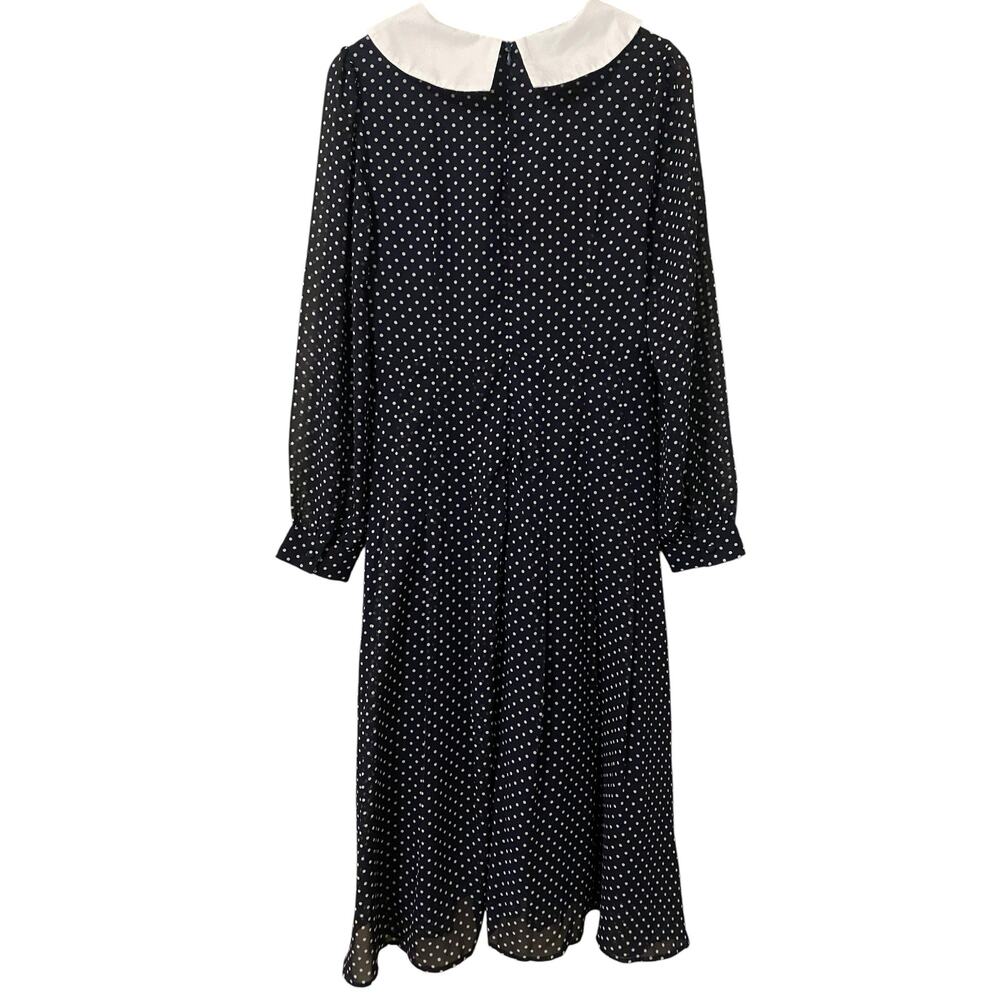 Rihoas Polka Dot Midi Dress Medium Peter Pan Puritan Collar Navy Blue White - Picture 4 of 9